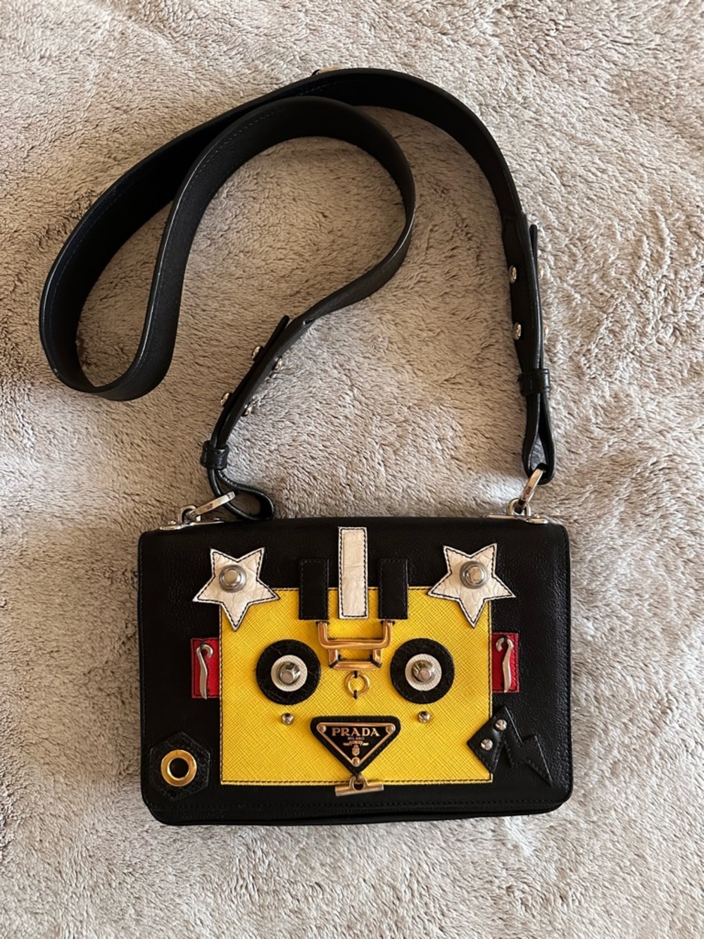 Prada Black and Yellow Robot-Appliqué Leather Shoulder Bag